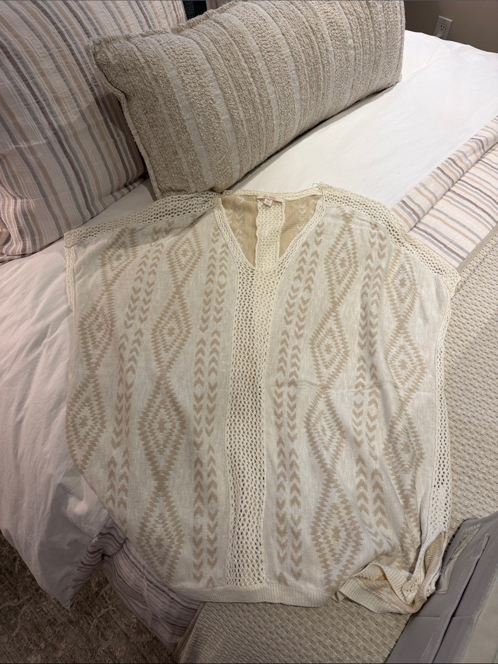 Ella Moss Cream Open-Knit Geometric Poncho Sweater